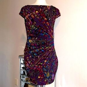 Jones Wear Dress | Multicolored Feather Print Cap Sleeve - Size 16 Workwear